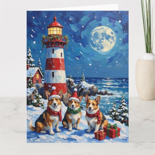 Pembroke Welsh Corgi Christmas Lighthouse Holiday Card (Front)