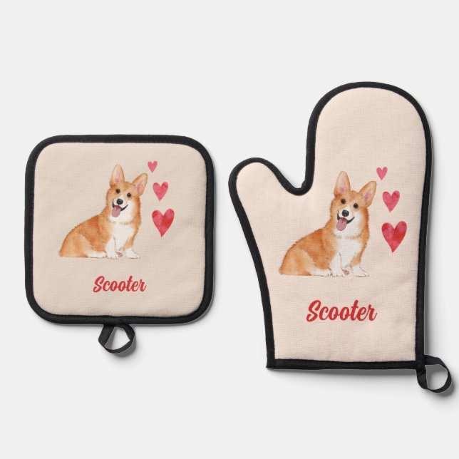 Pembroke Welsh Corgi Customisable Pet Name Oven Mitt & Pot Holder Set (Front)
