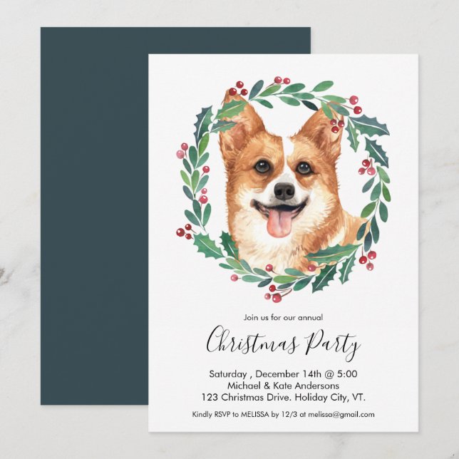 Pembroke Welsh Corgi Dog Elegant Christmas Party Invitation (Front/Back)