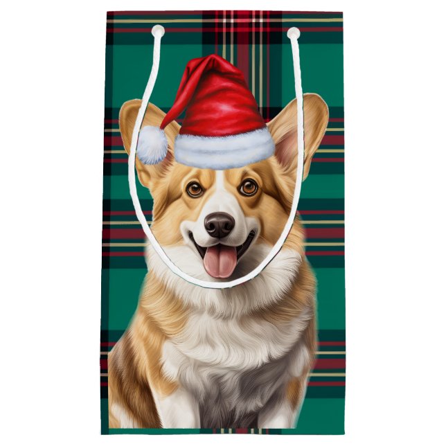 Pembroke Welsh Corgi Dog Festive Plaid Christmas Small Gift Bag (Front)