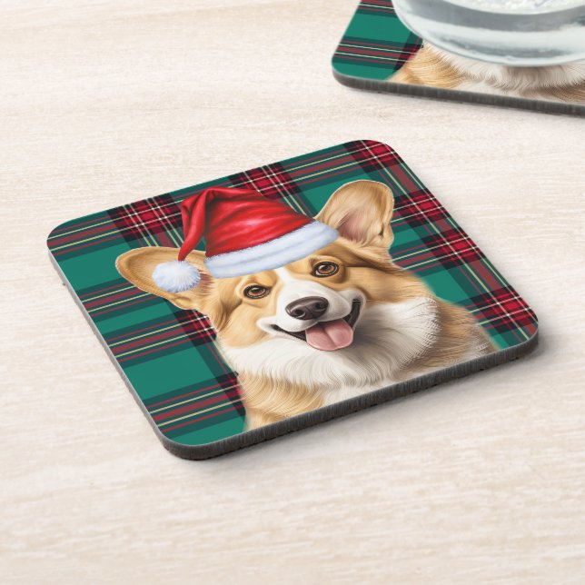 Pembroke Welsh Corgi Dog Red Green Holiday Plaid Coaster (Left Side)