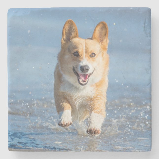 Pembroke Welsh Corgi Dog Running On The Beach Stone Coaster (Front)