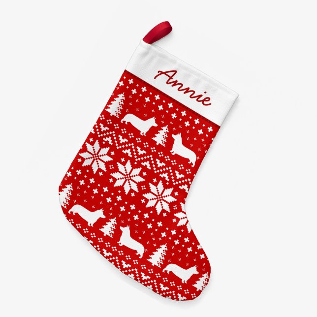Pembroke Welsh Corgi Dog Silhouettes Pattern Cute Small Christmas Stocking (Front (Hanging))