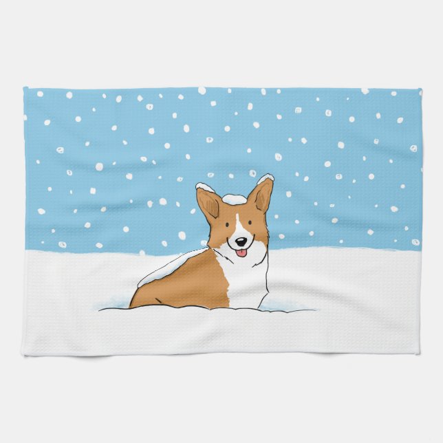 Pembroke Welsh Corgi | Happy Holiday Snow Dog Tea Towel (Horizontal)