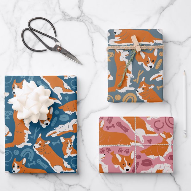 Pembroke Welsh Corgi in three colours Wrapping Pap Wrapping Paper Sheet (Front)