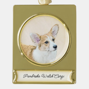 Pembroke Welsh Corgi Painting - Original Dog Art G Gold Plated Banner Ornament