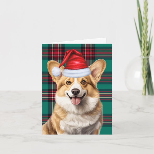 Pembroke Welsh Corgi Red Green Plaid Christmas Holiday Card (Front)