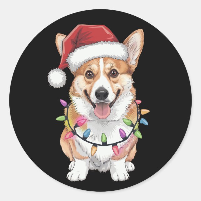 Pembroke Welsh Corgi Santa Christmas Tree Lights  Classic Round Sticker (Front)