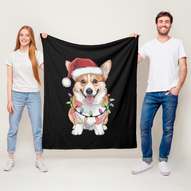 Pembroke Welsh Corgi Santa Christmas Tree Lights  Fleece Blanket (In Situ)