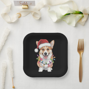 Pembroke Welsh Corgi Santa Christmas Tree Lights Paper Plate