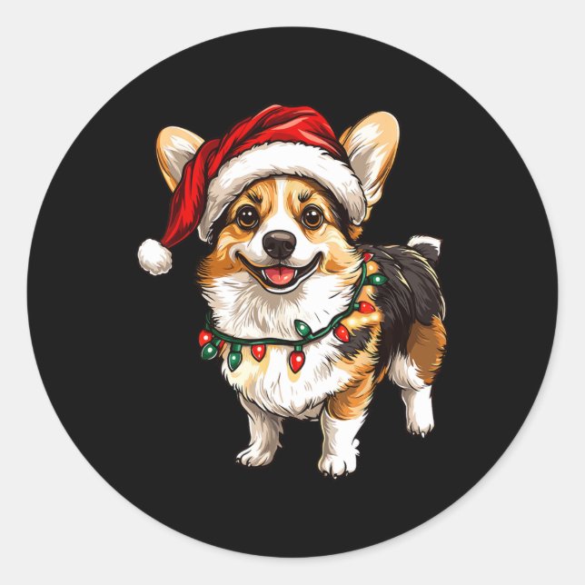 Pembroke Welsh Corgi Santa Christmas Tree Lights X Classic Round Sticker (Front)