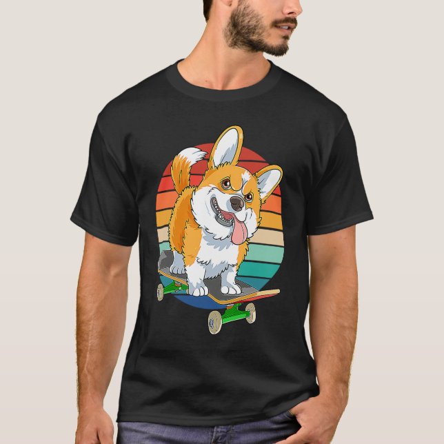 Pembroke Welsh Corgi Skateboarding Dog  Skateboard T-Shirt (Front)