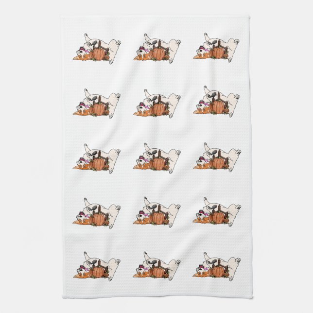 Pembroke Welsh Corgi with pumpkin kitchen towel (Vertical)