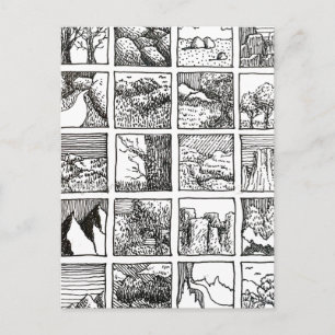 Pen and Ink Drawing Landscape Squares Design Postcard