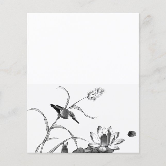 Pen and Ink Drawing Pond Lotus and Bird (Front)