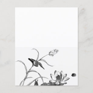 Pen and Ink Drawing Pond Lotus and Bird