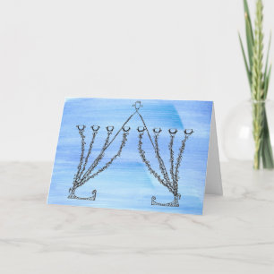Pen and Ink Fancy Chanukah Menorah on Blue Field Holiday Card