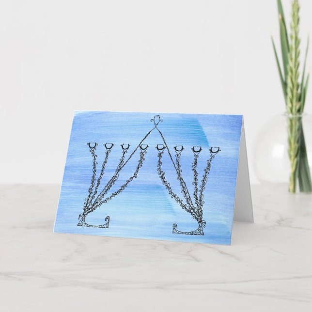 Pen and Ink Rococco Chanukah Menorah on Blue Field Holiday Card (Front)