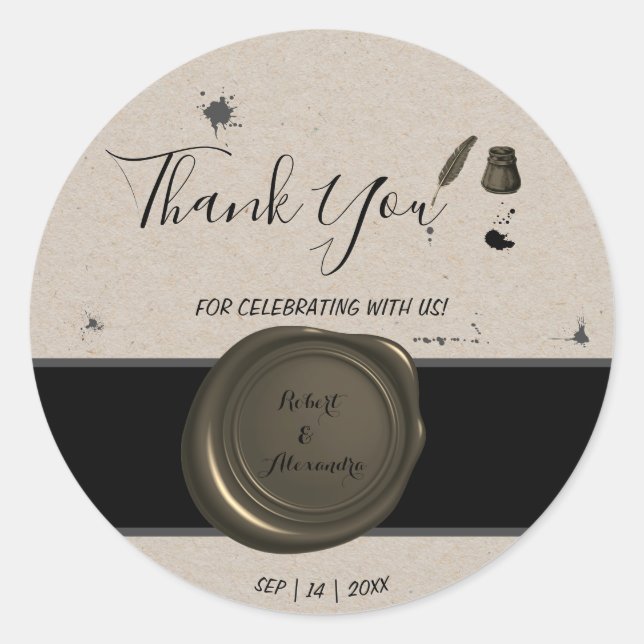 Pen & Inkwell Thank You for Coming Wedding Classic Round Sticker (Front)