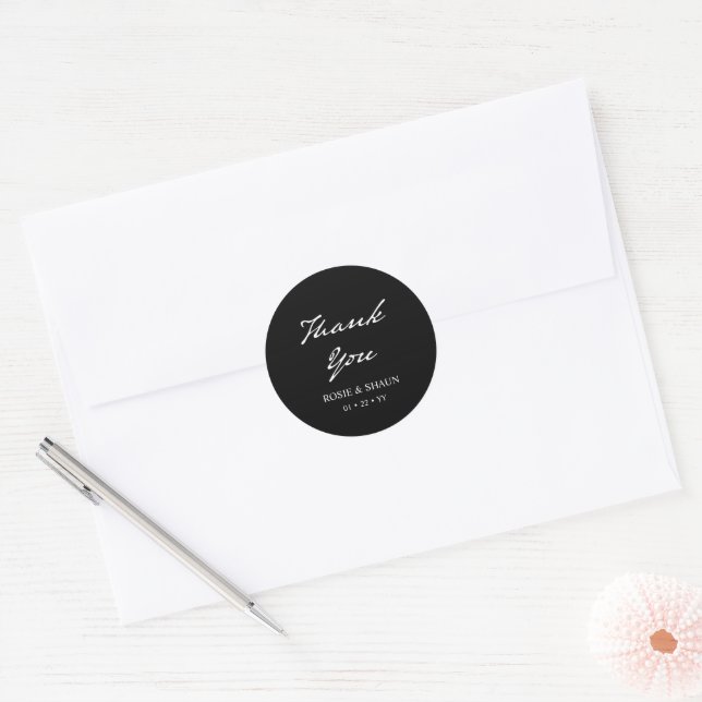 Pen Script Minimalist Calligraphy Black Wedding Classic Round Sticker (Envelope)