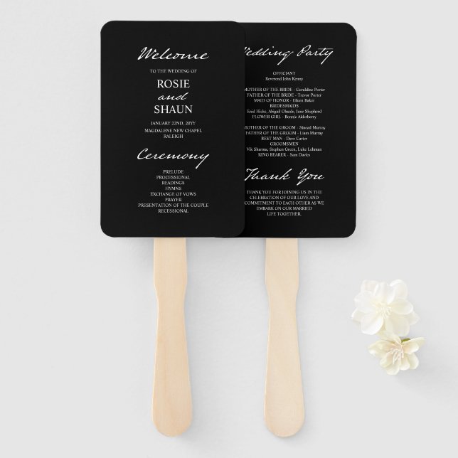 Pen Script Modern Minimalist Black Wedding Program Hand Fan (Front and Back)