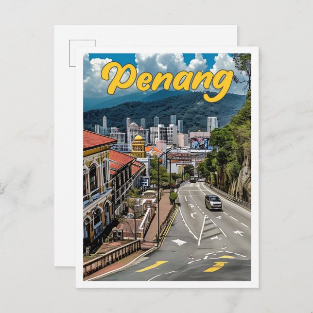 Penang Malaysia Vintage Art Travel Illustration Postcard (Front/Back)
