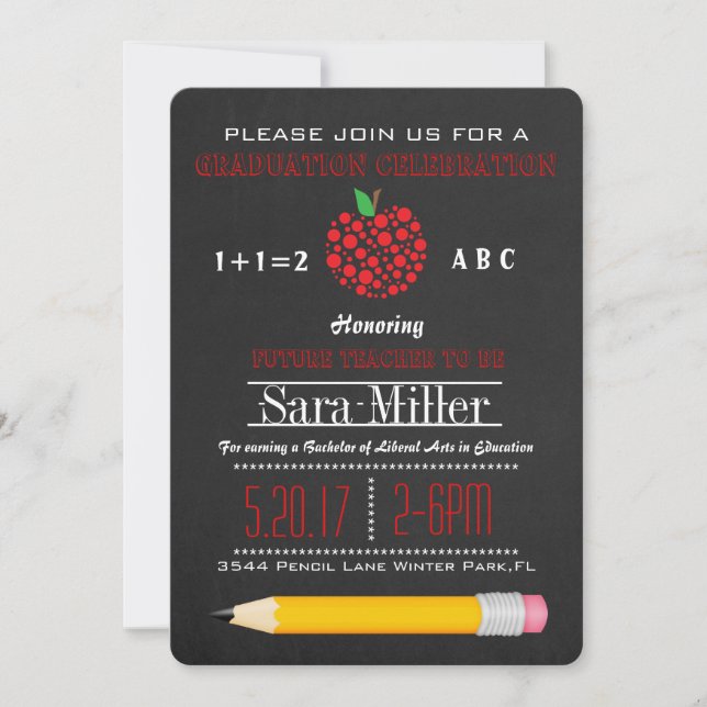 Pencil & Apple Teacher Graduation Invitation (Front)