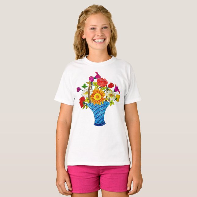 Pencil Art Sketch Colourful Handdrawn Flower Pot T-Shirt (Front Full)