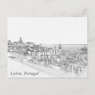 Pencil drawing of Alfama district in Lisbon Postcard