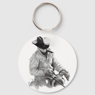 Pencil Drawing of Cowboy in Saddle, Western Art Key Ring