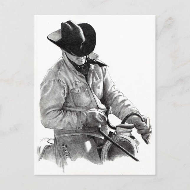 Pencil Drawing of Cowboy in Saddle, Western Art Postcard (Front)