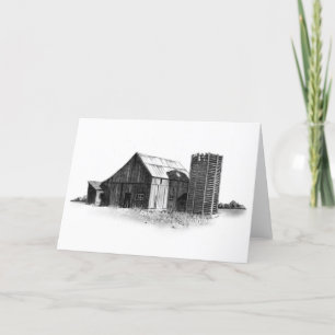 PENCIL DRAWING: OLD BARN, SILO: REALISM CARD