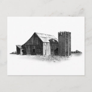 PENCIL DRAWING: OLD BARN, SILO: REALISM POSTCARD