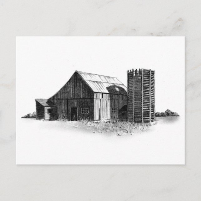 PENCIL DRAWING: OLD BARN, SILO: REALISM POSTCARD (Front)