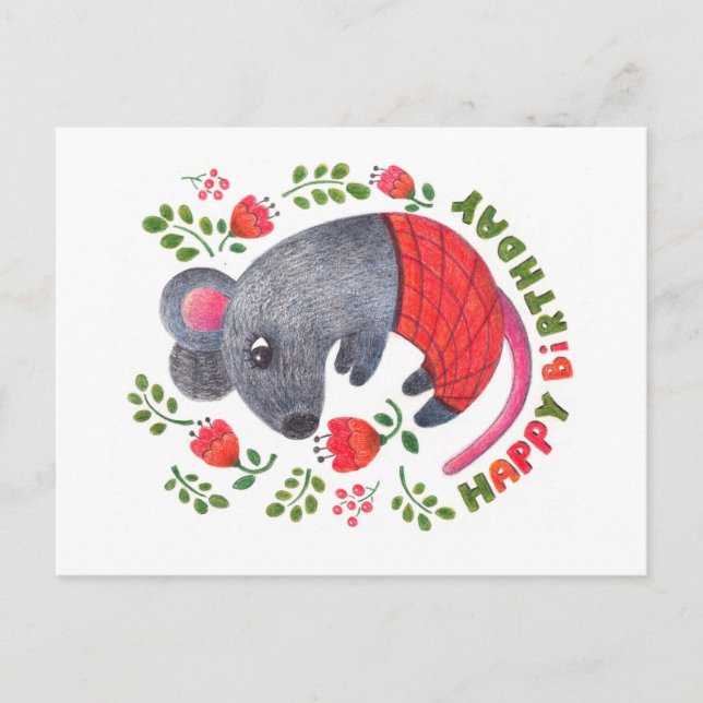 Pencil drawn mouse holiday postcard (Front)