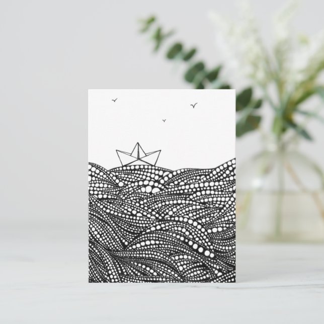 Pencil Drawn Paper boat on abstract waves Postcard (Standing Front)