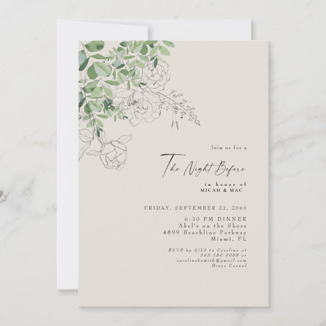Pencil Floral Eucalyptus The Night Before Wedding Invitation (Front)