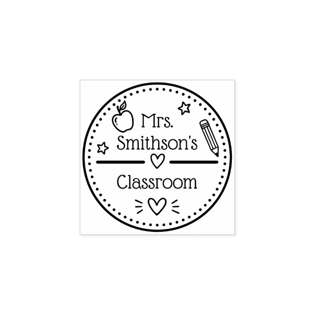 Pencil Heart Teacher Name Apple Classroom Rubber Stamp (Imprint)