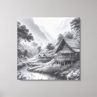 Pencil Sketch of a Cosy Hut by a Flowing River Canvas Print