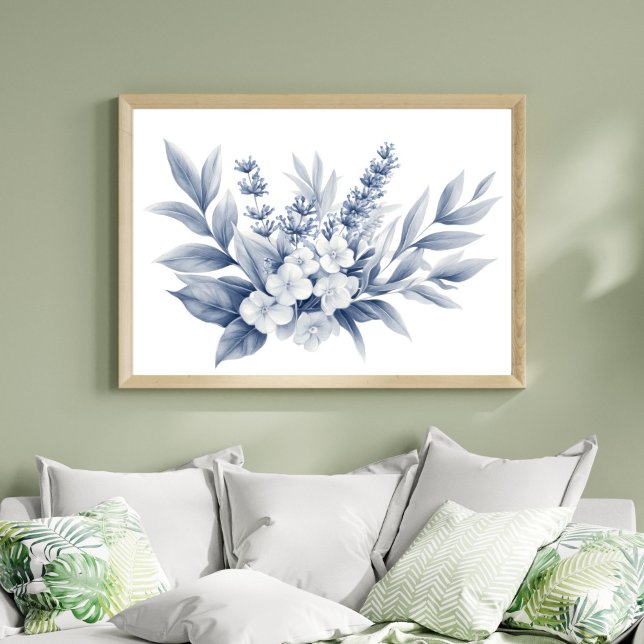 Pencil Sketch Silver Grey White Florals Poster (Pencil Sketch Silver, Gray White Floral Wall Art poster print. Printed or Digital Download)