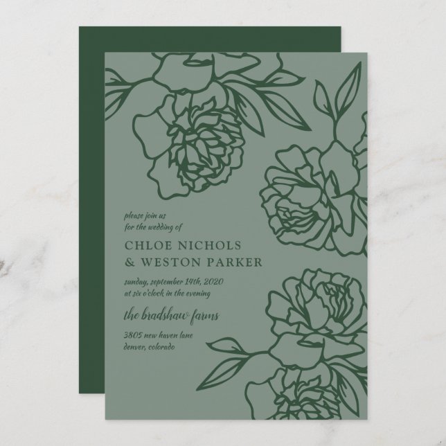 Penciled Peonies Modern Emerald Green Wedding Invitation (Front/Back)