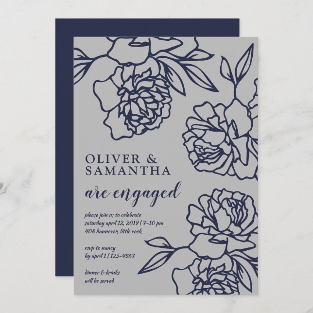 Penciled Peonies Modern Navy Grey Engagement Party Invitation (Front/Back)