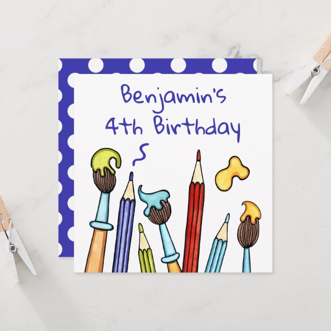 Pencils and Paintbrushes Birthday Invitation (Front/Back In Situ)