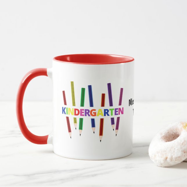Pencils Kindergarten Customisable Teacher Mug (With Donut)