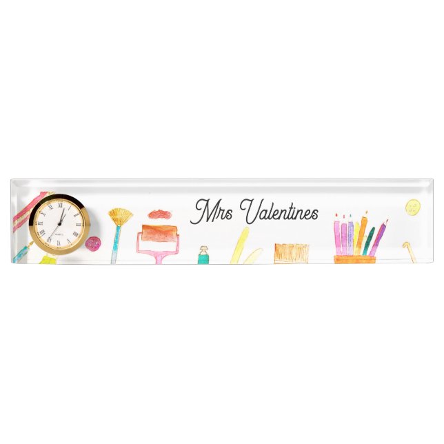 Pencils Watercolor Teacher School Cute Modern Nameplate (Front)