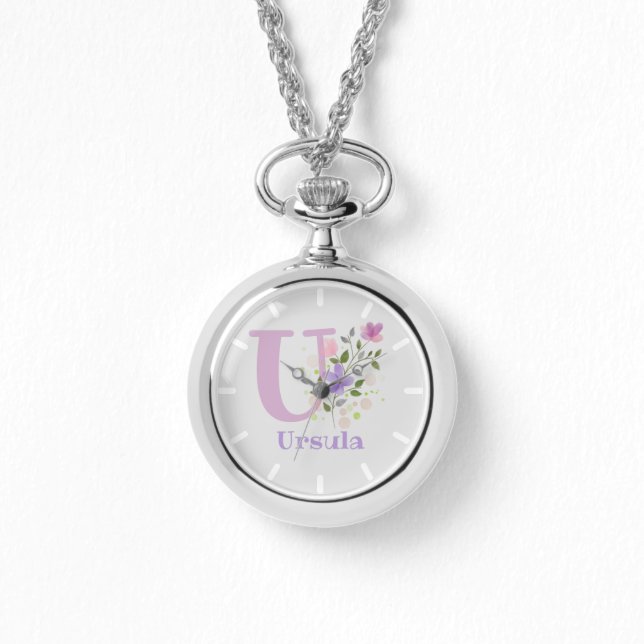 Pendant Watch - Floral Design with Name & Initial (Front)