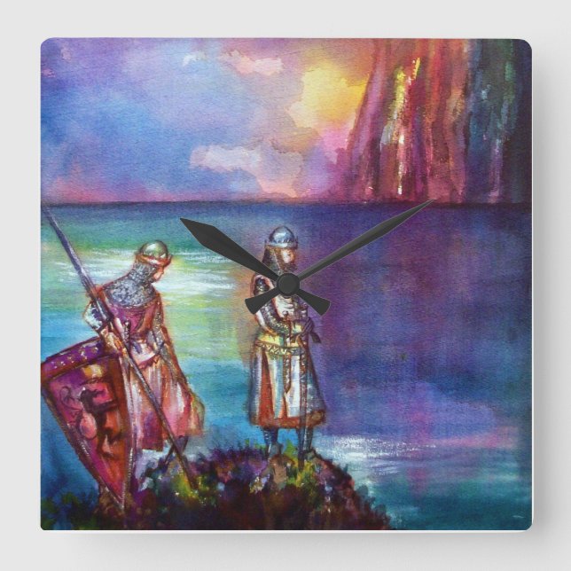 PENDRAGON Mediaeval Knights,Lake Sunset,Fantasy Square Wall Clock (Front)