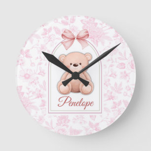 Penelope   Custom Pink Teddy Bear Nursery Design  Round Clock