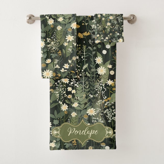 Penelope Dark Daisy Floral Bath Towel Set (Insitu)