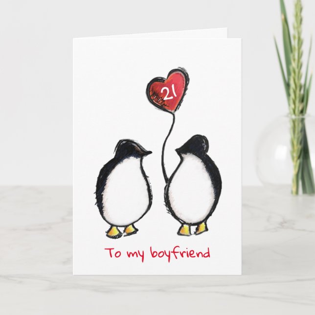 Penguin 21st birthday or any age boyfriend card (Front)